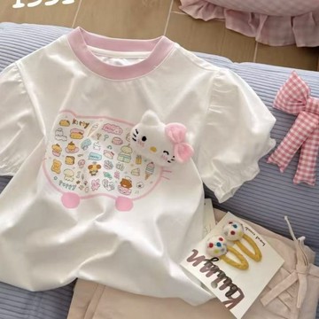❤️AL❤️ 兒童短袖 女童短袖T恤 中小童短袖 韓系女童夏季純棉立體kt貓印花洋氣圓領T恤新款女寶寶甜美上衣潮
