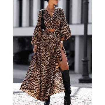 歐美春V領豹紋系帶短款長袖上衣高腰半身裙長裙兩件套度假連衣裙
