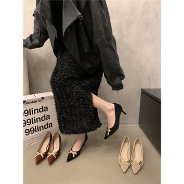 復古溫柔蝴蝶結尖頭高跟鞋紅色婚鞋伴娘鞋秋夏法式氣質單鞋女鞋子