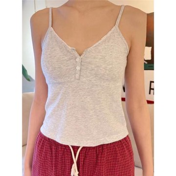 葉河丹同款bm淺灰色四粒扣v領紐扣吊帶背心女花邊甜妹修身上衣潮