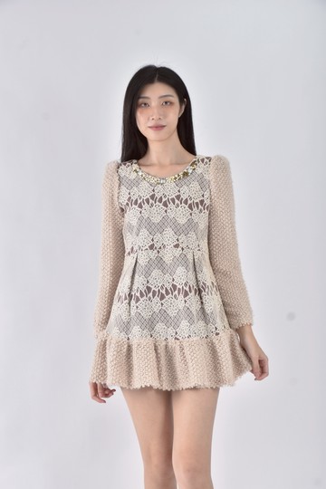 (S) wonder party韓牌禮服蕾絲杏色洋裝