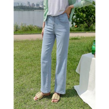 天絲直筒牛仔褲女春秋新款高腰寬松顯瘦淺藍色冰絲垂感闊腿長褲子