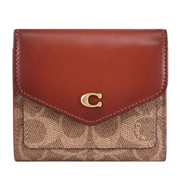 【全新福利品】COACH C2329 經典撞色花紋三折零錢短夾.駝/紅棕