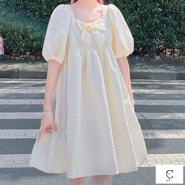 【XL-8XL大尺碼】👩學院風連衣裙 夏天長裙 收腰 顯瘦2-300斤胖MM學院風蝴蝶結連衣裙女夏過膝寬鬆顯瘦泡泡袖裙