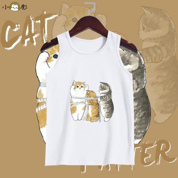 三只貓咪量腰圍日系可愛貓咪體檢無袖t恤衫男女兒童學生純棉背心
