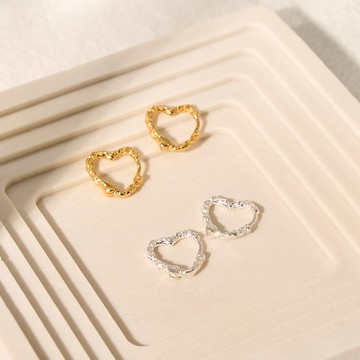 心心相印 不規則純銀紋理耳扣 (2色)