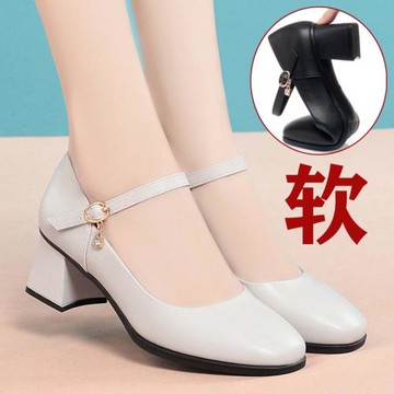 方頭粗跟單鞋中跟職業女鞋黑色工作高跟鞋女軟底銀行酒店上班皮鞋