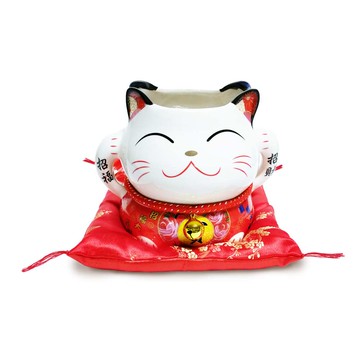 摩達客 農曆新年春節-七吋開運瞇瞇眼招財貓陶瓷糖果罐擺飾桌飾(含坐墊)