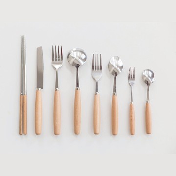 櫸木年華 木柄刀叉勺 不銹鋼西餐餐具牛排水果甜品勺筷子套裝