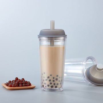 YCCT啵啵杯710ml- 芝麻灰 -可收納吸管的雙層吸管杯 台灣設計製造