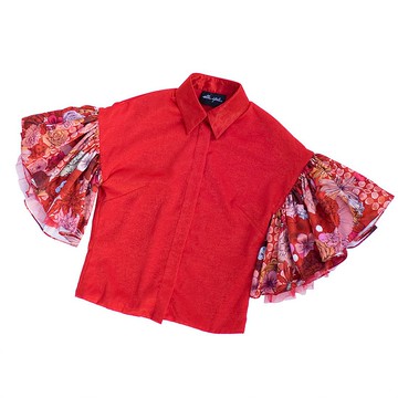 紅色恤衫拼花朵圖案大袖