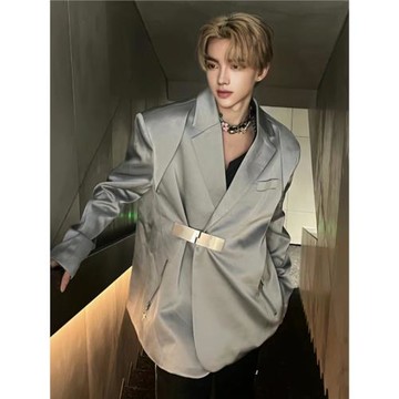 銀色金屬卡扣設計感墊肩西服男美式高級感痞帥炸街網紅休閑西裝潮