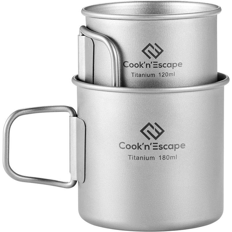 COOK N ESCAPE チタンマグ スタッキング コーヒーカップセット 120ml 180ml 折りたたみ取っ手 軽量 直火 収納袋付き