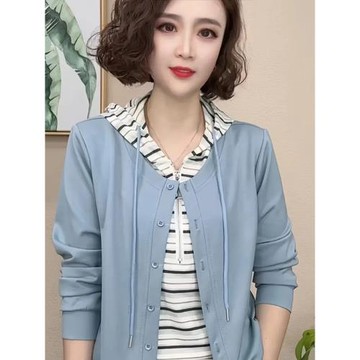 時尚假兩件條紋拼接連帽衛衣女2025秋季新款媽媽休閑百搭寬松上衣