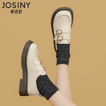 卓詩尼樂福鞋女白色粗跟2026春季新款小皮鞋英倫加絨軟皮通勤單鞋