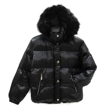 MICHAEL KORS 圓標Logo毛毛帽绗縫空氣感保暖外套(黑色)