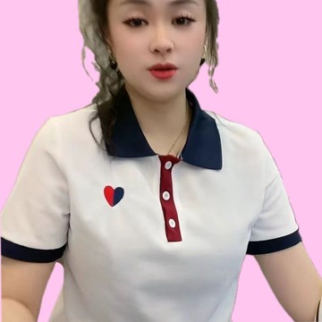 桃心設計感POLO衫女 上衣 POLO衫 短袖衫 新款桃心設計感夏季短袖t恤女拼接POLO衫時尚多巴胺翻領上衣條紋