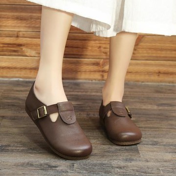 森女鞋真皮 軟底 淺口圓頭搭扣單鞋文藝復古平底百搭休閑手工鞋子