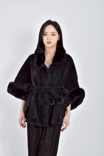 加購優惠(F) 毛領斗篷黑色綁帶外套