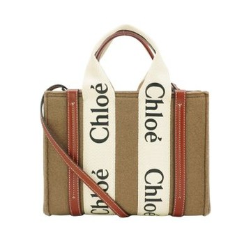 Chloe 蔻依 Woody 毛氈帆布刺繡拼接手提二用托特包-小(深卡其)