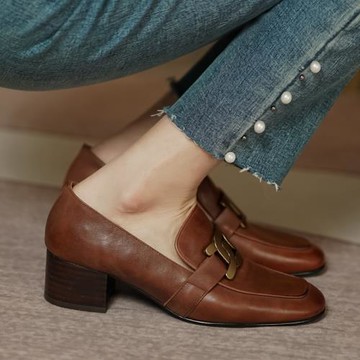 鞋教主 土豆絲樂福鞋女英倫風復古小皮鞋女真皮中跟深口粗跟單鞋