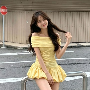【店鋪熱銷】韓系純欲辣妹風 斜肩 黃色格紋花苞鬆緊連衣裙女 夏季新款設計感 一字肩款式時尚百搭 純色係連衣裙甜美可愛