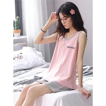 背心短褲睡衣女夏季純棉夏天女生無袖薄款卡通加肥大碼家居服套裝