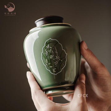 [可開發票 免運]茶葉罐 越窯龍泉青瓷 手繪窗蘭丹秋茶葉罐 功夫茶具 密封罐 中號醒茶罐 陶瓷茶葉罐 茶葉密封罐 茶具