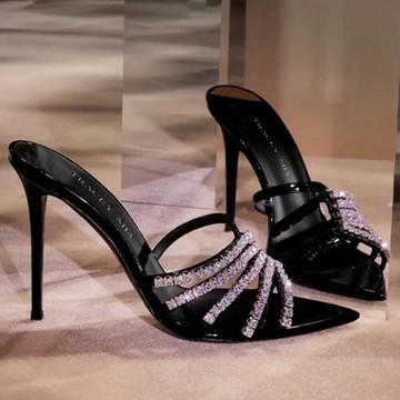 2025年夏新款水鉆露趾一字尖頭半拖高跟鞋細跟百搭性感時裝涼鞋女