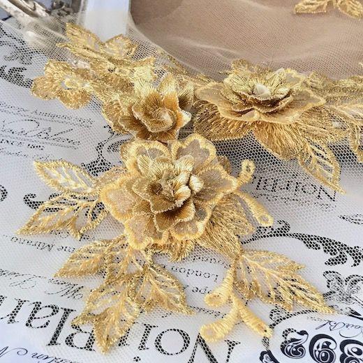 チュールモチーフ ゴールド系 ゴールデンイエロー 3D 花 刺繍 ハンドメイド 衣装 装飾