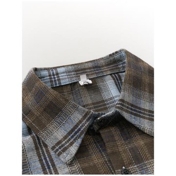 美式復古風雙色磨毛格紋Polo領長袖襯衫女裝秋季寬松百搭上衣外套