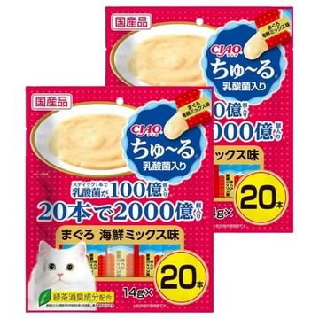 INABA CIAO 啾嚕 乳酸菌肉泥 條狀包裝方便餵食 綠茶除臭成分配方 幫助消化 減少貓咪糞便異味  鮪魚 + 海鮮綜合  280g  2袋