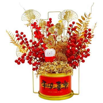 摩達客 春節開運招財金枝玉葉紅果招財貓盆栽擺飾 新年居家裝飾 增添喜慶氛圍  紅色 + 金色