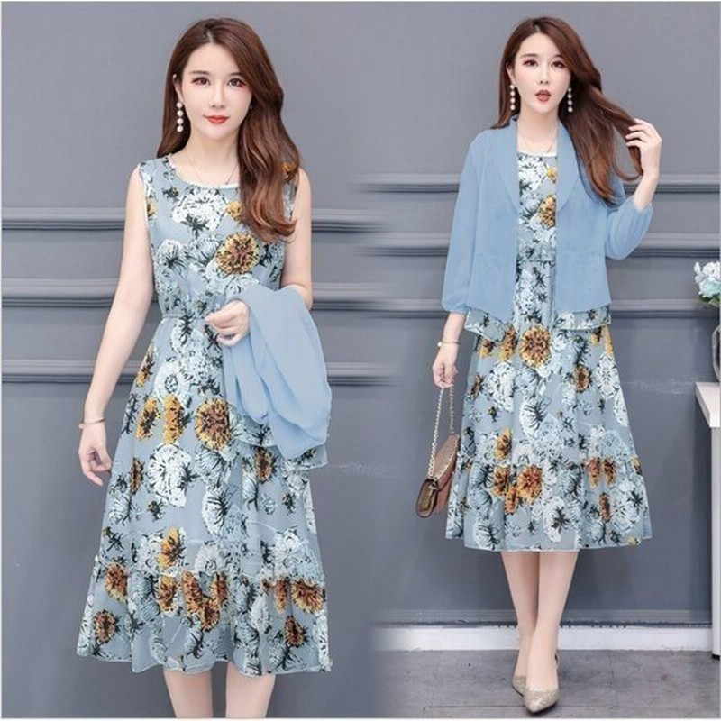 ワンピース レディース 花柄 セットアップ シフォンワンピース 2点セット カーディガン ミモレ丈 大人 春コーデ 通販 Lineポイント最大get Lineショッピング