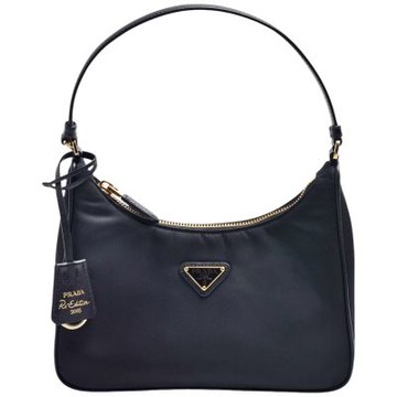 PRADA 經典Re-Edition系列金屬三角標誌尼龍拉鍊手提包/肩背包(迷你-黑金)
