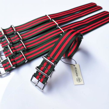 18mm20mm22mm NATO 北約帆布尼龍表帶 戶外綠間雙紅色 方形扣薄款