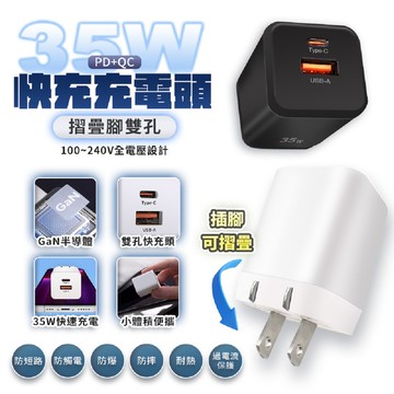 PD35W摺疊腳雙孔快充充電頭 IC6-白色