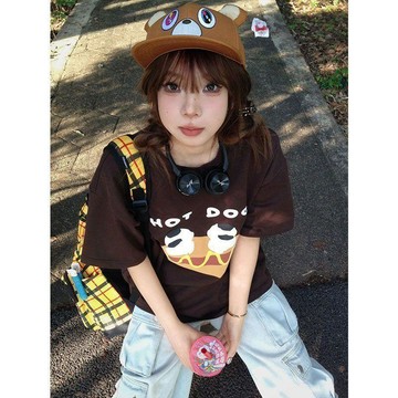 100純棉小衆美式復古T恤短袖印花韓版夏季ins新款寬鬆上衣圓領短袖T恤 小個子短袖 女生t恤 寬鬆顯瘦T恤 少女衣服