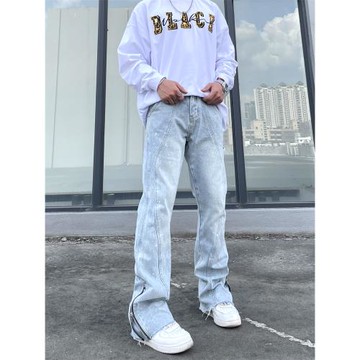 歐美高街vibe褲男女直筒寬松拉鏈開叉微喇叭工裝褲潮牌潑墨牛仔褲