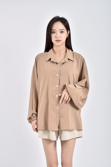 加購優惠(F) yuanchuangjid質感素面翻領排扣棕色襯衫上衣