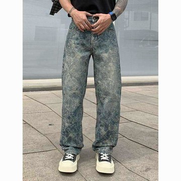 美式復古提花牛仔褲男款2026新款痞帥寬鬆直筒個性花紋休閒長褲子  寬褲牛仔褲