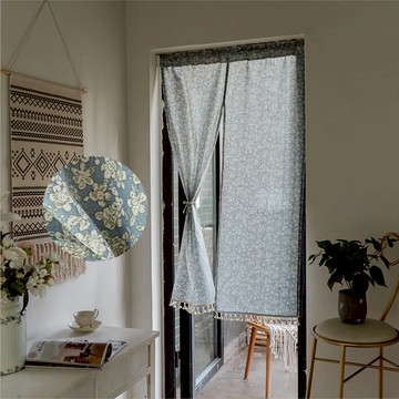 hoom禾暮生活 日系棉麻門簾 雙開  85 x 180cm  優雅碎花藍