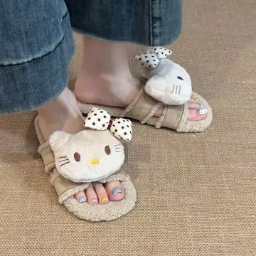 😻😻可愛卡通奶呼呼毛毛鞋女2025秋冬新款KT貓百搭休閒外穿懶人一字拖