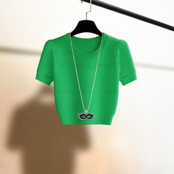 2025夏季新款短款鏤空高腰針織t恤女高級感別致打底顯瘦上衣體恤