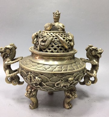 古玩銅器收藏 精品銅器擺件 居家裝飾仿白銅香爐熏爐 雙龍五毒爐
