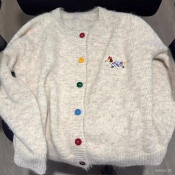 ✨桃園出貨✨ 秋冬爆款糖果色扣子毛衣 針織開衫小狗刺繡外套 甜美百搭美式寬鬆複古上衣女  針織開衫毛衣女 毛衣外套