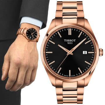 TISSOT 天梭 PR100 經典簡約紳士腕錶/黑X玫瑰金/40mm/T1504103305100