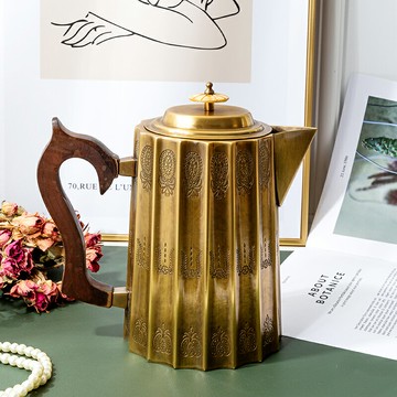 Mia家居歐式進口雕花木把手黃銅冷水壺家用中式茶幾餐桌裝飾水壺