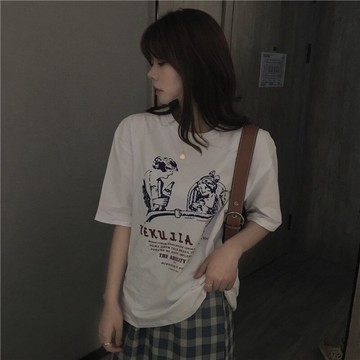 ins正肩純棉短袖T恤女新款夏裝潮原宿風寬松學生半袖上衣