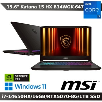 MSI Katana 15 HX B14WGK-647TW 15.6吋電競筆電(i7-14650HX/16G/RTX5070/1TB SSD/W11)